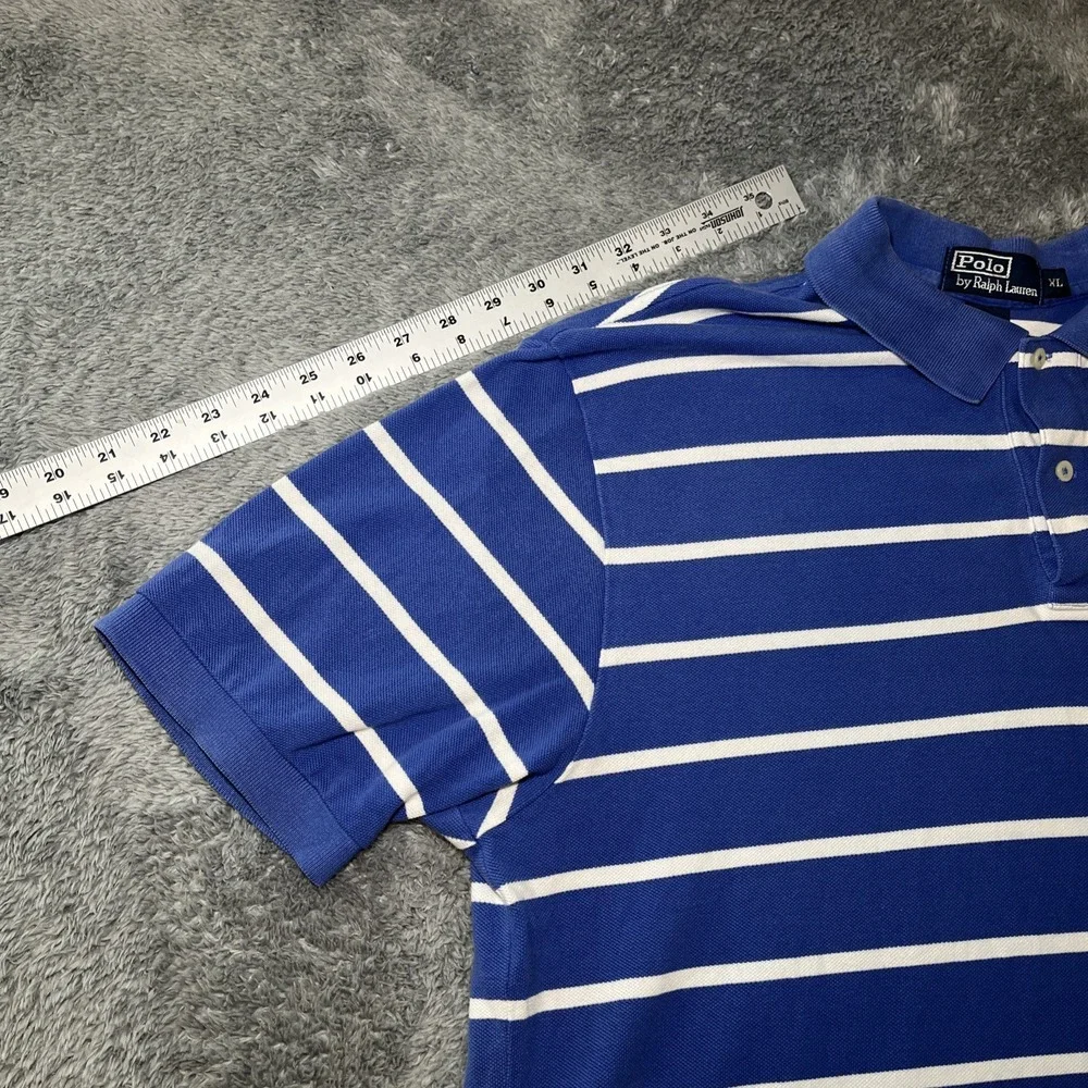 VTG Polo Ralph Lauren Shirt Men's XL Blue White Stripe Short Sleeve 90s